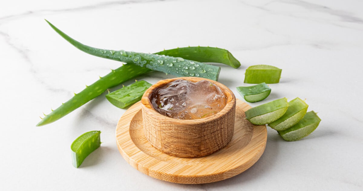 Gel d'aloe vera dans un bol en bois sur fond de marbre avec des feuilles et des tranches d'aloès frais
