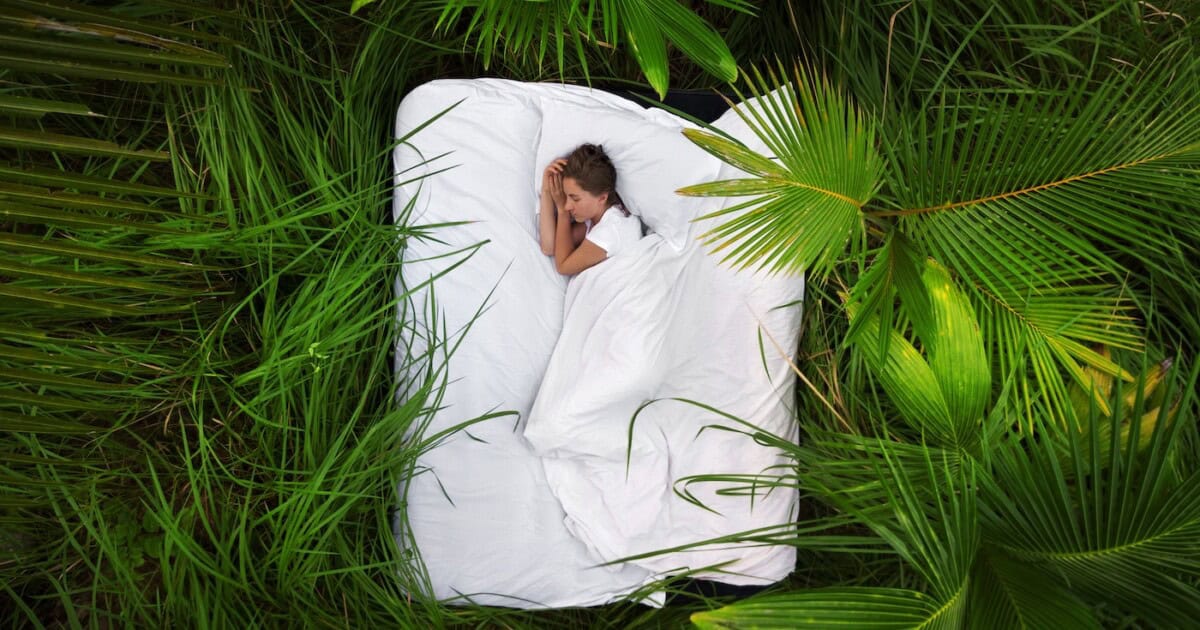 Une femme endormie dans une forêt de jungle profonde se trouve sur un matelas gonflable, vue d'en haut