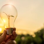 Concept énergétique écologique. La main qui tient la lampe a une lumière vive. Et à l'intérieur du tube se trouve un arbre en pleine croissance.