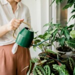 jeune femme arrosant les plantes de la maison