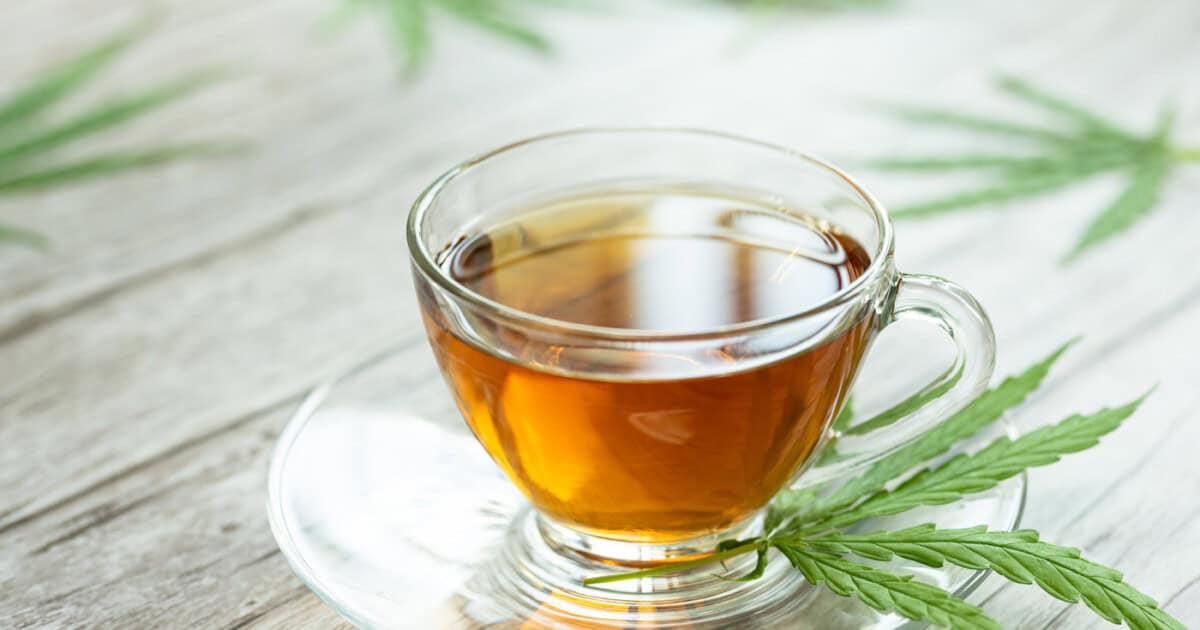 Tasse en verre de tisane de cannabis.